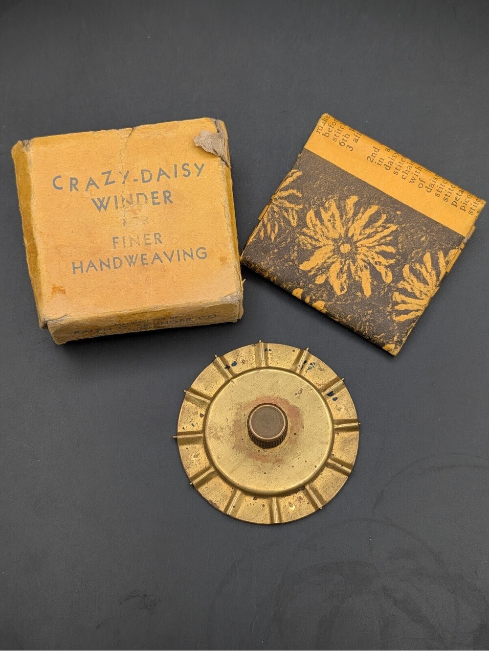 Vintage Brass Crazy Daisy Winder Flower Loom Ralph C Springer Co Box Instruction
